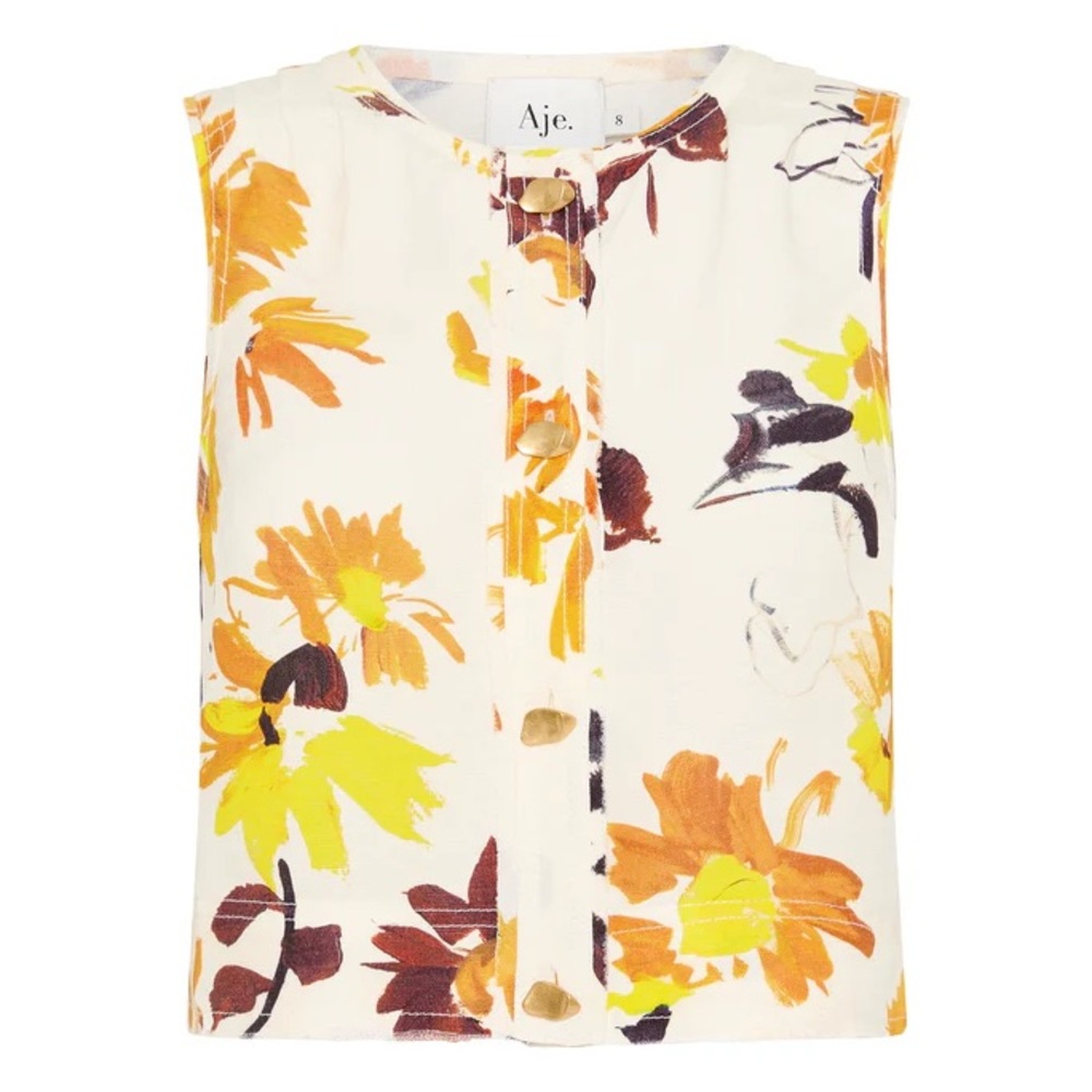 Aje Bessie Floral Shell Top pressed Sunflowers NWT size 4